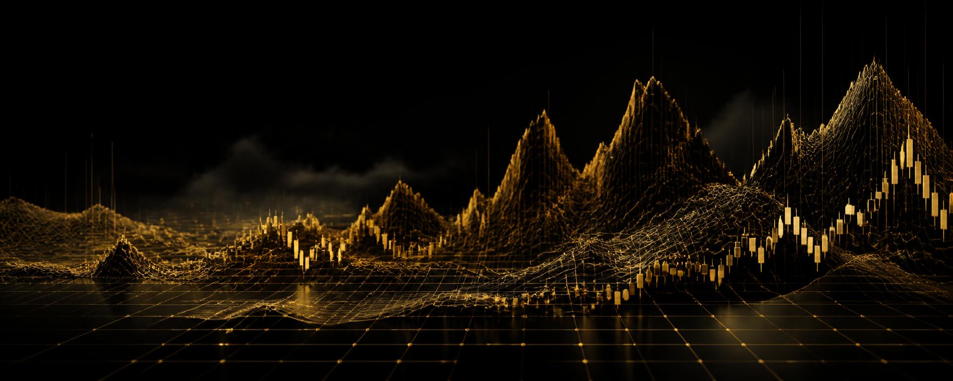 Gold wireframe candlestick terrain representing trader performance